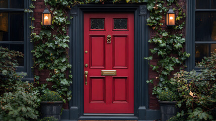 Obraz premium A classic red front door with brass hardware, flanked by ivy and lit by sconces.