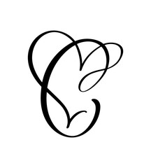 Hand drawn vector calligraphy love letter C. Vintage heart monogram. Script capital font logo. Handwritten brush style. element Valentine flourish. sign for page decoration design illustration