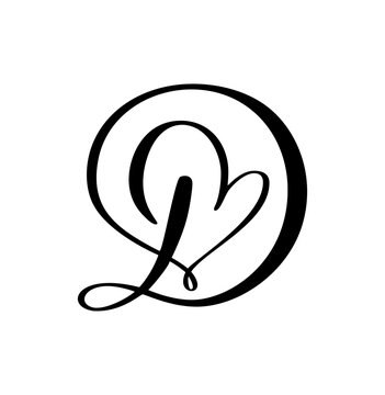 Calligraphy hand drawn vector love letter D. Vintage heart monogram. Script capital font logo. Handwritten brush style. element Valentine flourish. sign for page decoration design illustration