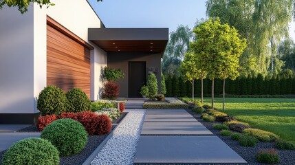 Fototapeta premium Front yard of a modern home with a blank wall, ideal for advertising or copy. Fresh landscaping and a clean driveway enhance the setting.