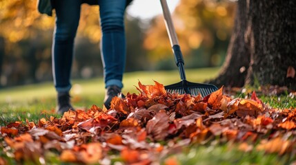 Man Cleaning Yard in Autumn with a Rake on a Breezy Day