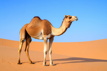 A single camel walking across the dunes with a blue sky above, capturing the essence of desert life and the journey in a serene atmosphere.