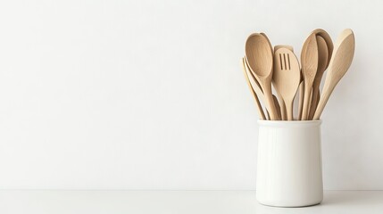Kitchen utensils in a holder on a clean white counter, with space for copy. The minimalist style allows for easy integration of promotional text.