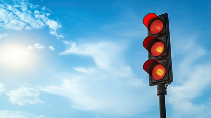 Isolated traffic signal with blank space above for copy, positioned at a highway intersection. The red light glows against a bright, sunny sky.