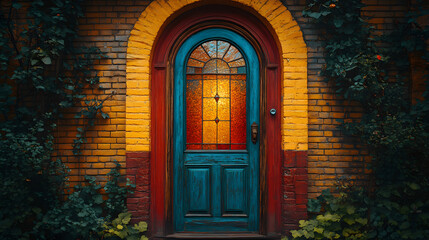 A colorful blue wooden door with stained glass accents set in a brick wall, surrounded by greenery.