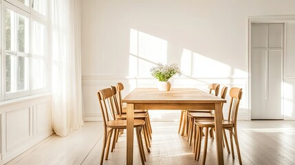 Fototapeta premium Minimalist dining room with a simple wooden table and chairs, white walls, and an uncluttered layout. The space around allows for clean copy placement.