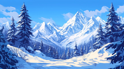 Fototapeta premium Snowy Mountain Landscape with Pine Trees and Blue Sky