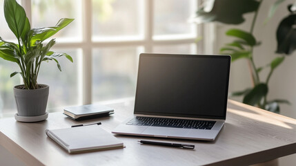Minimalist Workspace with Laptop, Notebooks, and Plant
