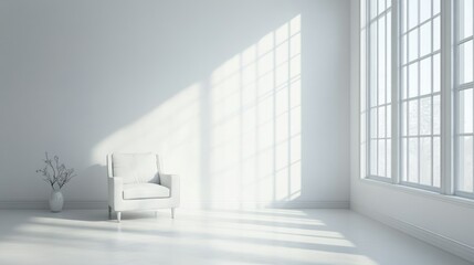 Fototapeta premium Minimalist living room with white walls, a single armchair, and large windows that allow natural light to flood in. The empty space around allows for clear copy placement. -