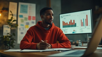 A young man analyzing business data and graphs in a modern workspace during the daytime