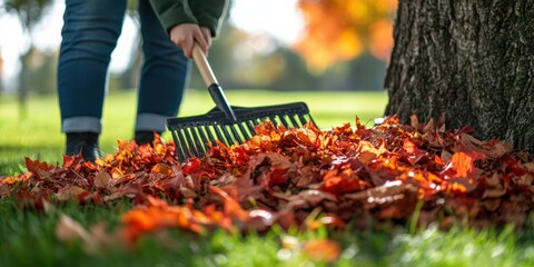 Man Cleaning Yard in Autumn with a Rake on a Breezy Day
