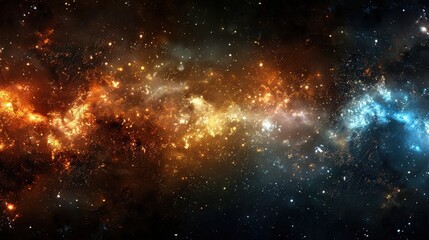 Obraz premium Vast galaxy filled with bright orange and blue star clusters, glowing dust, and sparkling particles. Stunning cosmic nebula captures the beauty of the universe in this abstract starry space scene.
