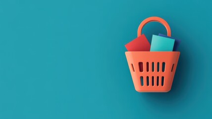 Fototapeta premium A vibrant shopping basket filled with colorful items, set against a turquoise background, evoking a cheerful shopping vibe.