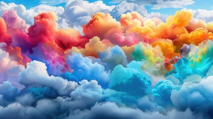 Fototapeta premium Vibrant clouds in various colors float against clear blue sky. Abstract cloud formation mixes warm and cool tones with soft textures, creating dreamlike atmosphere with serene and surreal mood.