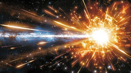 Fototapeta premium Massive cosmic explosion with intense bright light and glowing particles radiating through space. Fiery and powerful burst of energy creates dynamic motion in the vast universe filled with stars.
