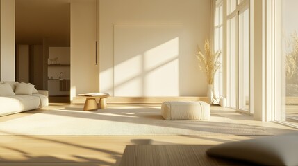 Open-concept living room with a large empty wall, ready for text or graphics. Bright, airy, and modern, with soft lighting.