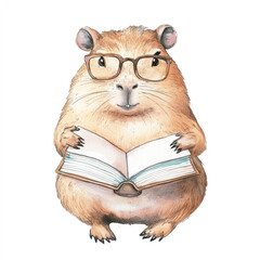 Cute capybara wearing eyeglasses and opened book. Adorable capybara with book. Trendy sticker, print, card design. Watercolor illustration isolated on white background. Education, courses, study