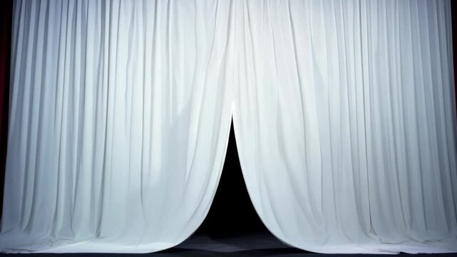 The white curtains gracefully drape in a theater, creating a sense of anticipation for an upcoming performance. Spotlights illuminate the fabric, enhancing the atmosphere.