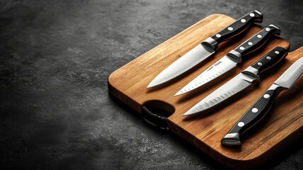 Set of kitchen knives on a cutting board, with space for copy on the side. The clean and professional layout highlights sharpness and precision.