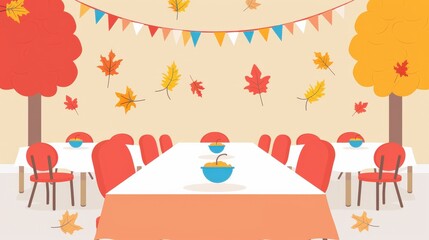 Autumn-themed classroom setup with large tables and chairs adorned, colorful leaves and bunting. festive fall decor creates a vibrant and playful environment for group activities and seasonal learning