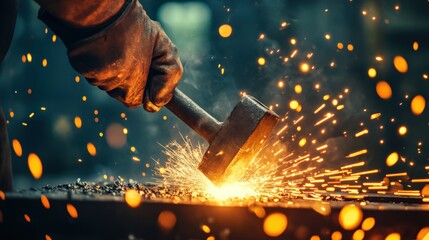 A man is hammering a piece of metal, creating sparks and fire