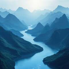 Serene Mountain River Landscape with Misty Blue Peaks and Lush Greenery at Sunrise