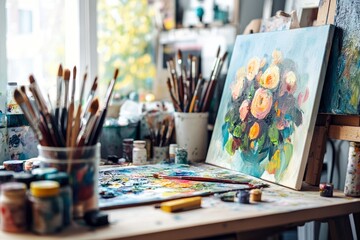 Close up view of creative workspace with decorations, painting tools and copy space with generative ai