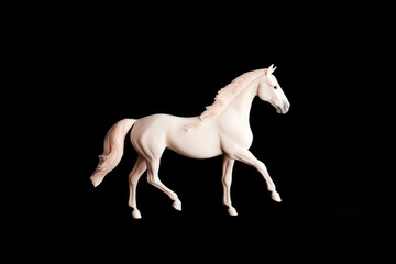 Obraz premium A sophisticated white horse statue stands gracefully against a solid black background, highlighting its elegant features and detailed craftsmanship in a classic style.