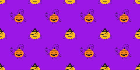 Cute Halloween seamless pattern of pumpkin on purple background. Vector illustration with funny characters