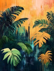 Tropical Leaves on Colorful Abstract Background