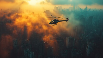 Helicopter Flying Over a City at Sunrise