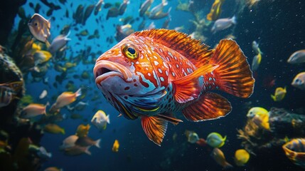 Fototapeta premium Underwater photograph of a striking sea fish with vivid colors, surrounded by schools of smaller fish and marine vegetation