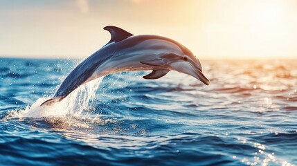 Fototapeta premium A dolphin leaps out of the water, its body arched and its tail flapping