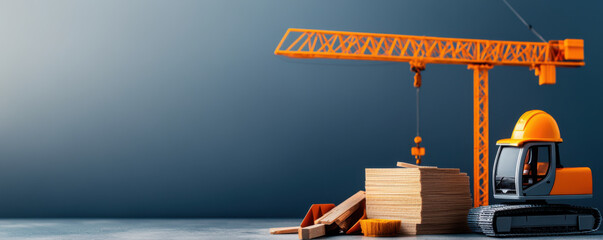 Miniature construction site setup with a toy crane and hard hat, symbolizing early learning and introduction to construction concepts.
