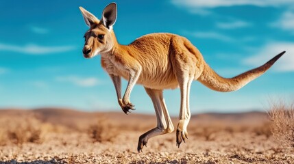 Naklejka premium A kangaroo is leaping through the desert