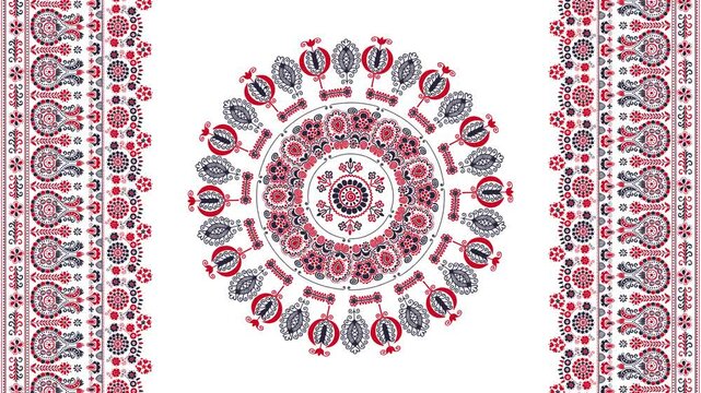 Traditional Hungarian embroidery pattern, Abstract 4k motion graphic repeating loop design over white background