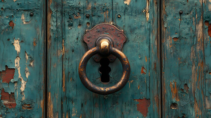 Fototapeta premium A weathered teal wooden door with a large ornate brass ring door knocker. The paint is chipped and peeling, adding to the door's rustic charm.