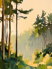 Serene Forest Landscape with Soft Morning Light