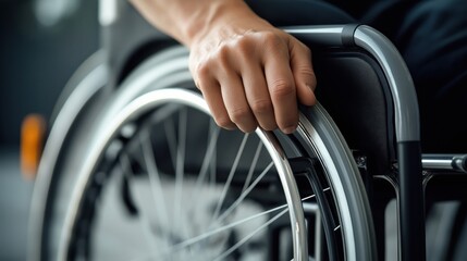 Obraz premium Close-up of a person's hand gripping the wheel of a wheelchair, emphasizing mobility assistance and accessibility.