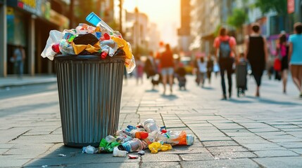 A trash can full of plastic bottles and other trash on a city street