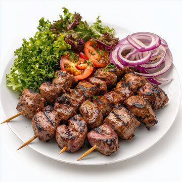 Succulent Ciger Sis Turkish Liver Kebab on Skewers - Front View Food Photography on White Background