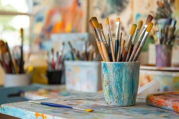 Fototapeta premium Close up view of creative workspace with decorations, painting tools and copy space with generative ai