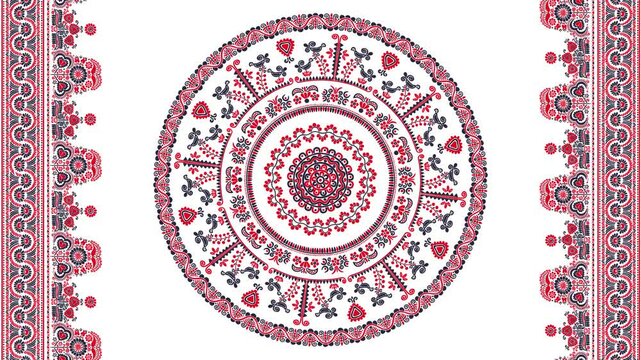Traditional Hungarian embroidery pattern, Abstract 4k motion graphic repeating loop design over white background