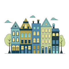 Illustration in a simple, minimal geometric style - a cityscape with buildings and trees, presented as a horizontal banner.