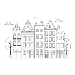 Outline Illustration in a simple, minimal geometric style - a cityscape with buildings and trees, presented as a horizontal banner.