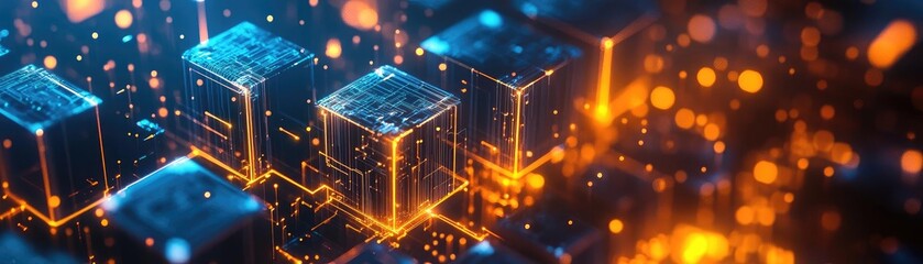 Fototapeta premium Abstract representation of digital technology with glowing cubes and particles, symbolizing innovation and modern computing.