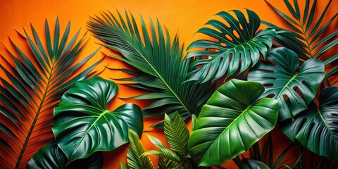 Fototapeta premium Dramatic composition of tropical leaves against a bold orange background, with a striking contrast between the cool green tones and the warm vibrant hue, conveying energy and excitement