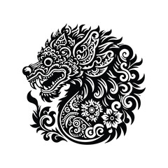 Fototapeta premium Barong with bohemian decoration decoration in black and white illustrations, cutout graphic