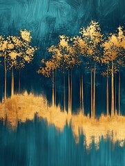 Golden Trees Against Teal Background Abstract Art
