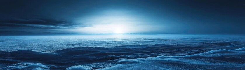 Fototapeta premium A serene ocean landscape at dawn, showcasing soft blue hues and gentle waves under a tranquil sky.